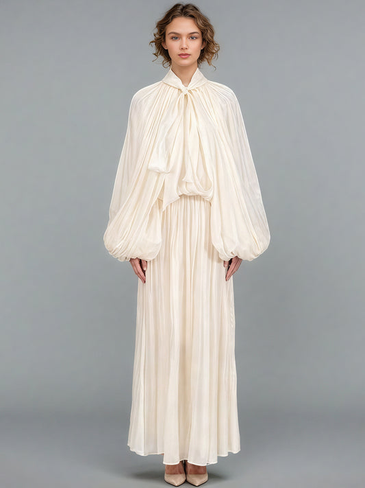 Apricot Puff Sleeve Tie Neck Maxi Dress