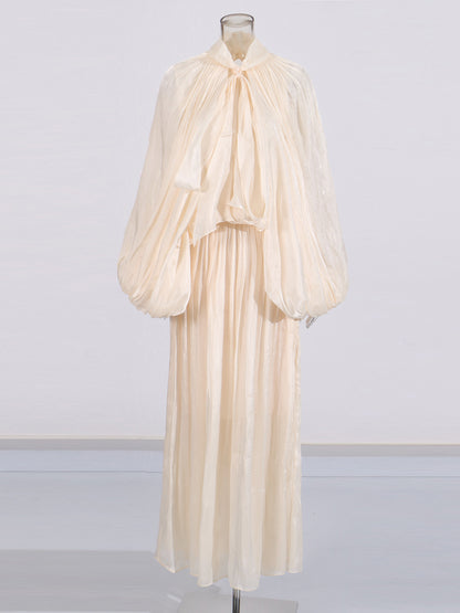 Apricot Puff Sleeve Tie Neck Maxi Dress