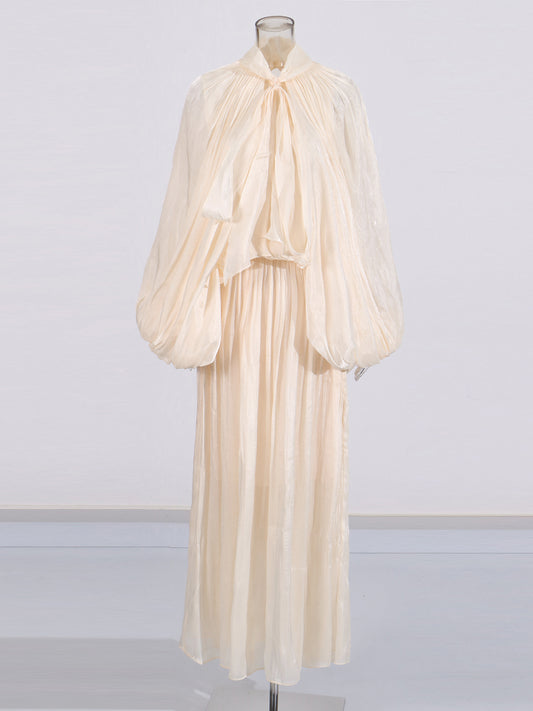 Apricot Puff Sleeve Tie Neck Maxi Dress