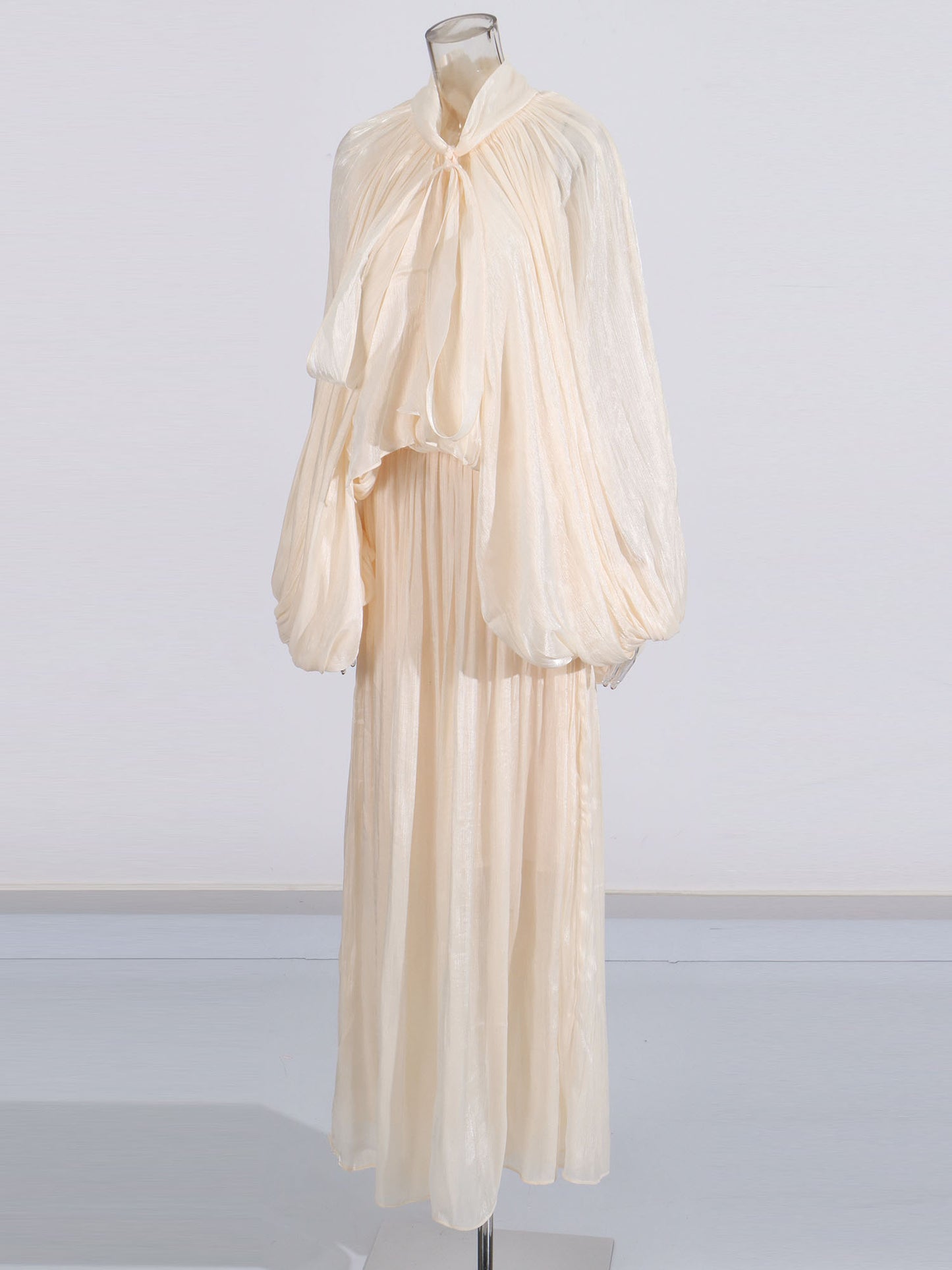 Apricot Puff Sleeve Tie Neck Maxi Dress