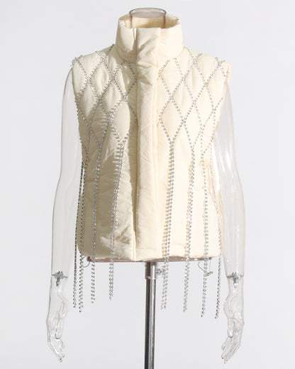 Apricot Quilted Jacket with Crystal Fringe Embellishment