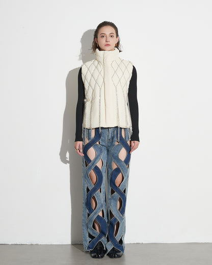 Apricot Quilted Jacket with Crystal Fringe Embellishment