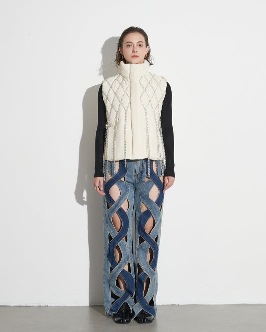 Apricot Quilted Jacket with Crystal Fringe Embellishment