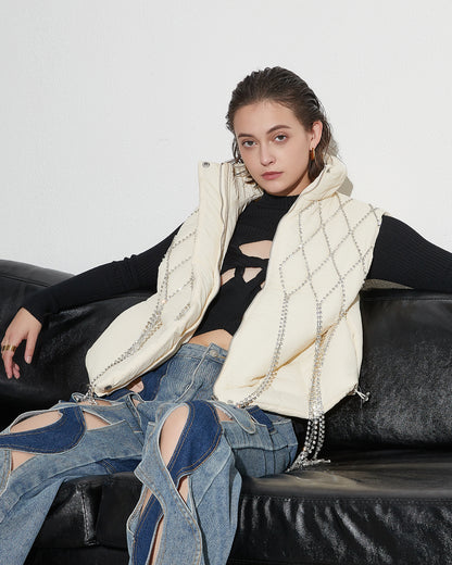 Apricot Quilted Jacket with Crystal Fringe Embellishment