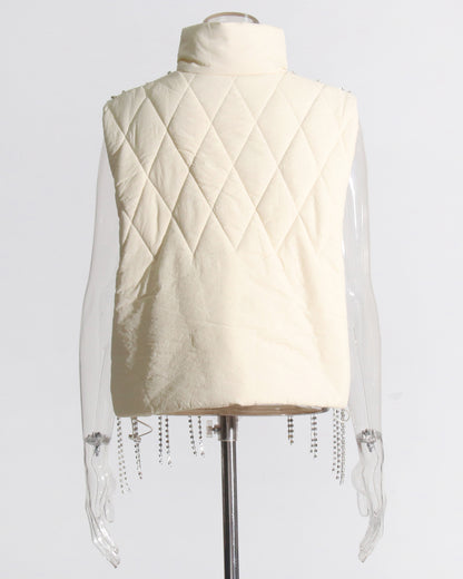 Apricot Quilted Jacket with Crystal Fringe Embellishment