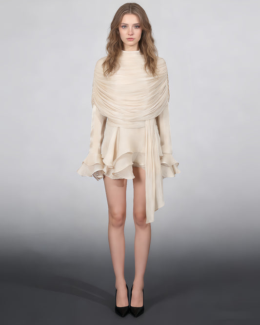 Apricot Ruched Ruffle Mini Dress