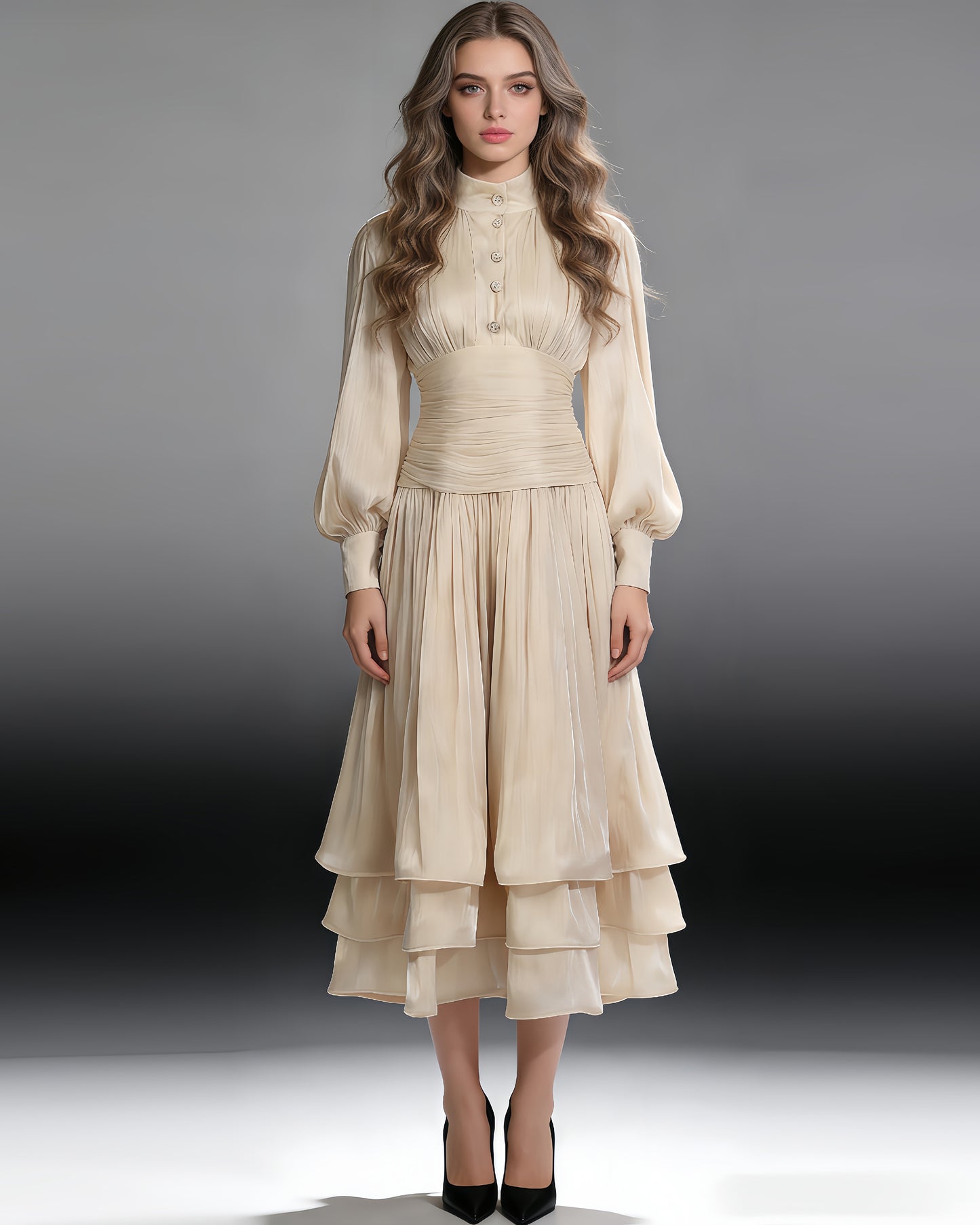 Apricot Ruched Waist Tiered Midi Dress