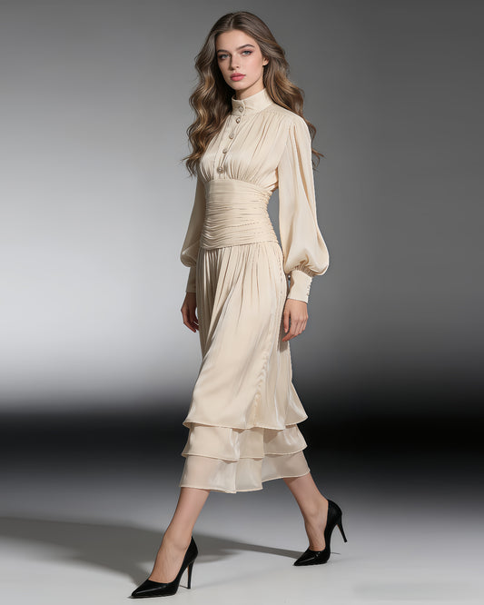 Apricot Ruched Waist Tiered Midi Dress