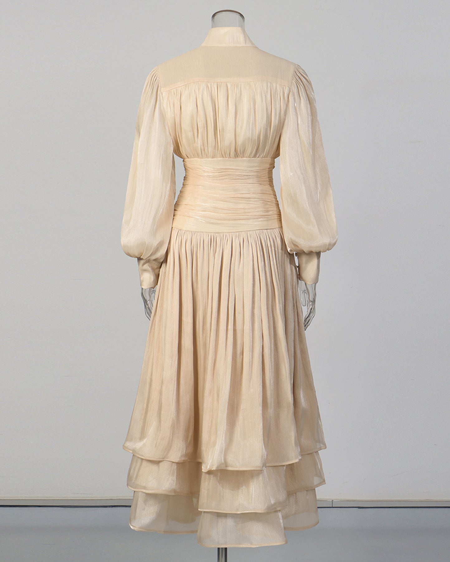 Apricot Ruched Waist Tiered Midi Dress