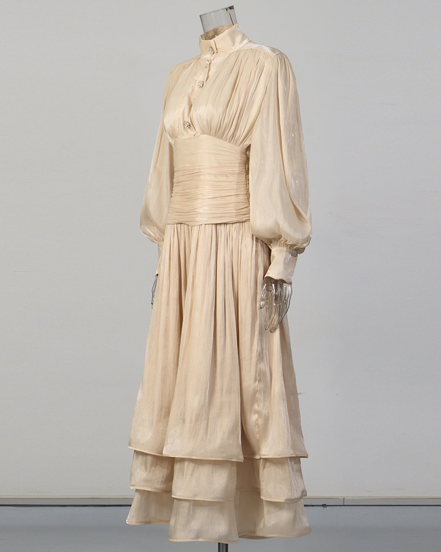 Apricot Ruched Waist Tiered Midi Dress