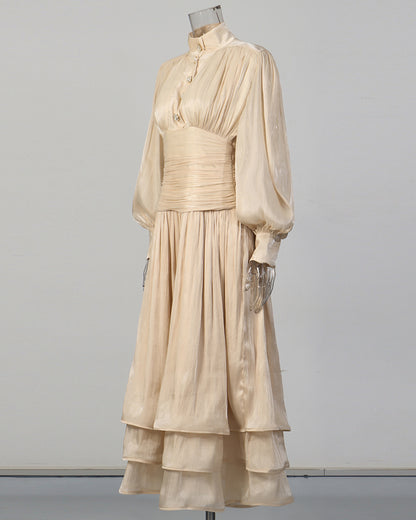 Apricot Ruched Waist Tiered Midi Dress