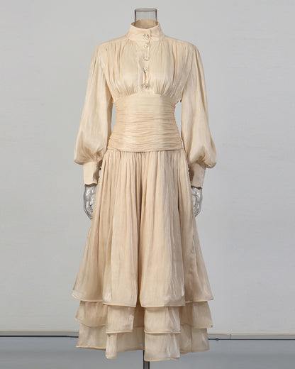 Apricot Ruched Waist Tiered Midi Dress