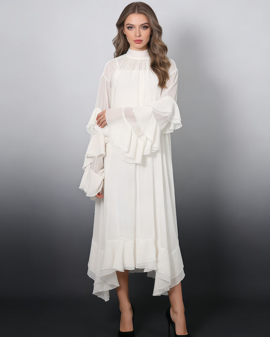 Apricot Ruffle High Neck Chiffon Maxi Dress