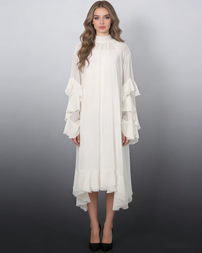 Apricot Ruffle High Neck Chiffon Maxi Dress