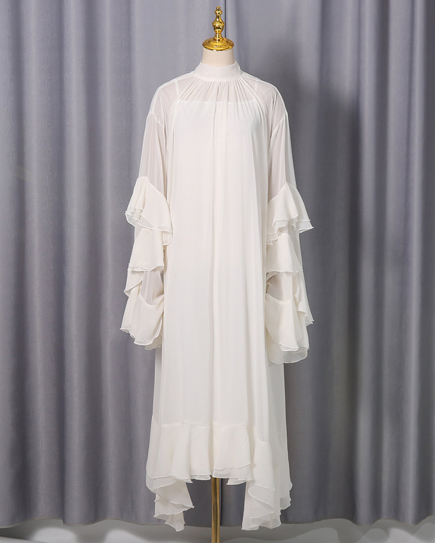 Apricot Ruffle High Neck Chiffon Maxi Dress