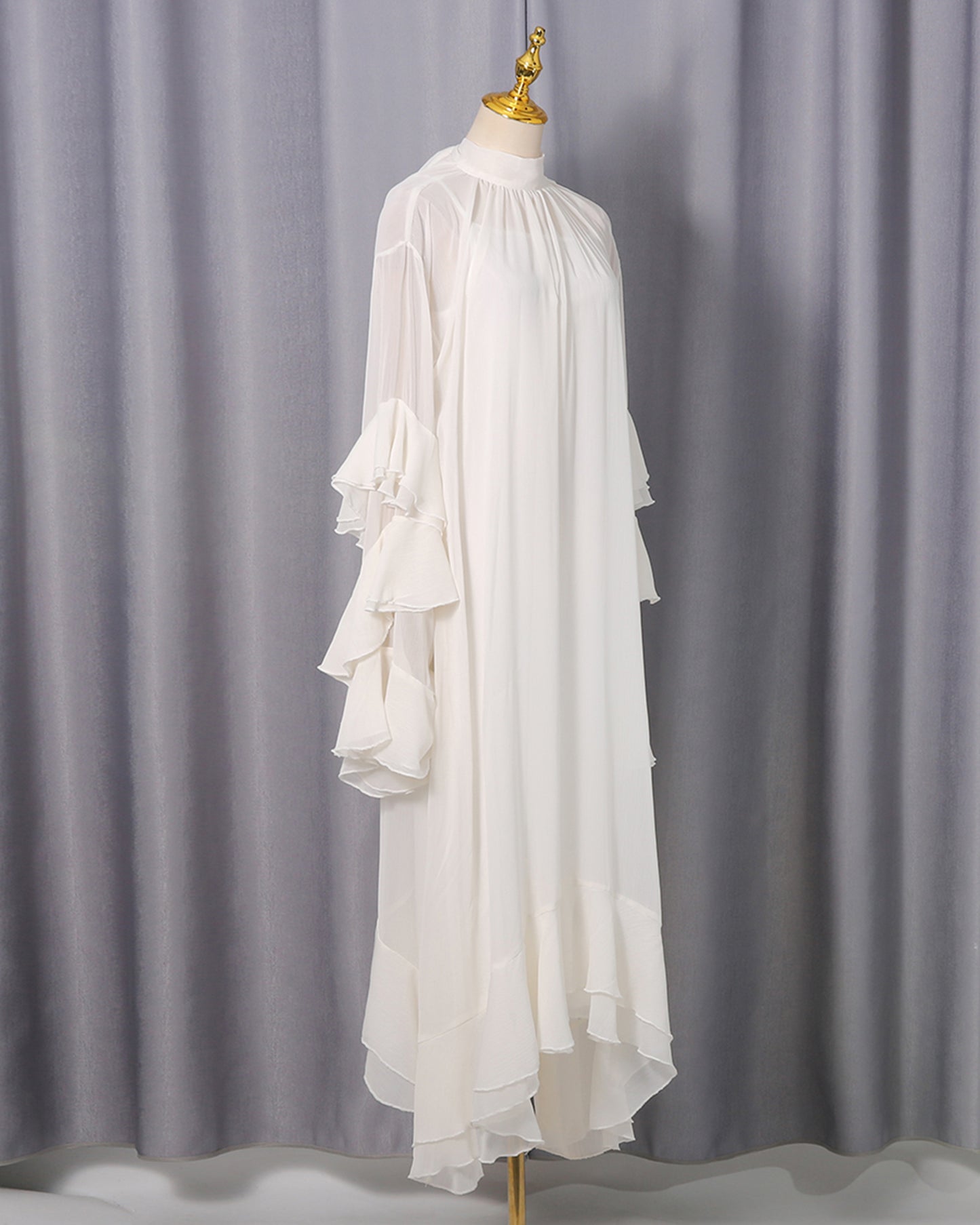 Apricot Ruffle High Neck Chiffon Maxi Dress