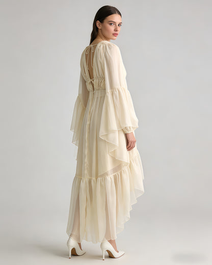 Apricot Ruffle Tiered Chiffon Midi Dress