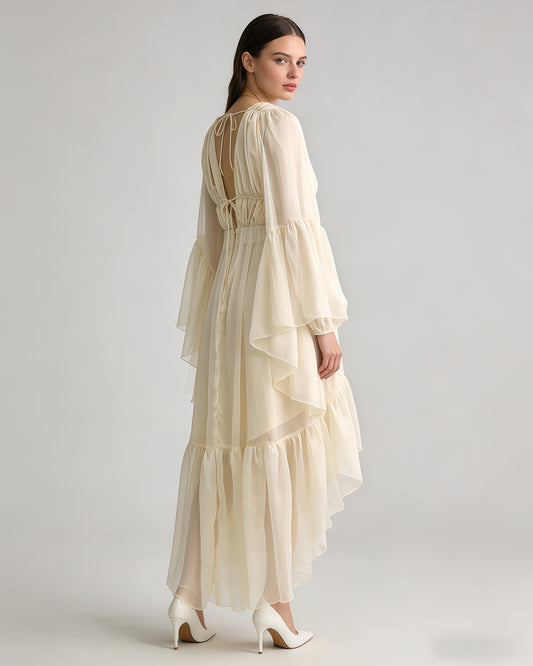 Apricot Ruffle Tiered Chiffon Midi Dress