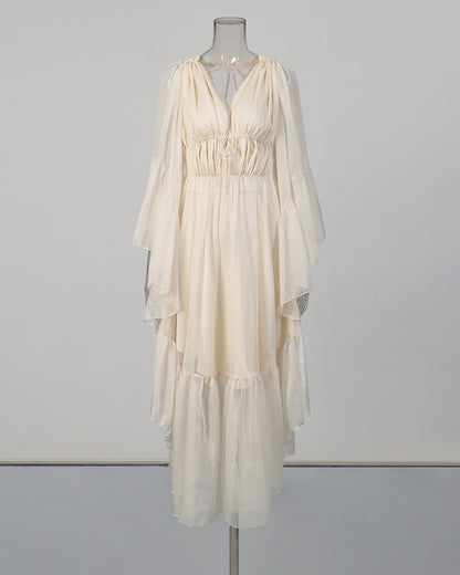Apricot Ruffle Tiered Chiffon Midi Dress