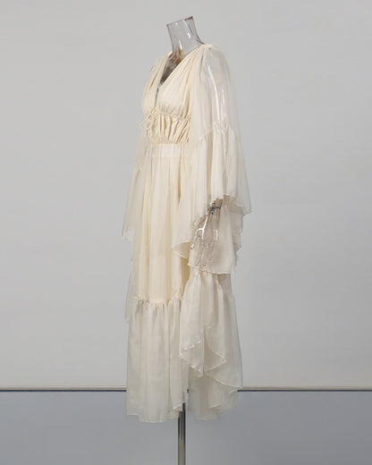 Apricot Ruffle Tiered Chiffon Midi Dress