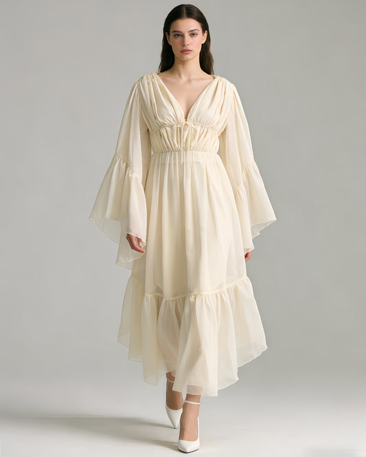 Apricot Ruffle Tiered Chiffon Midi Dress
