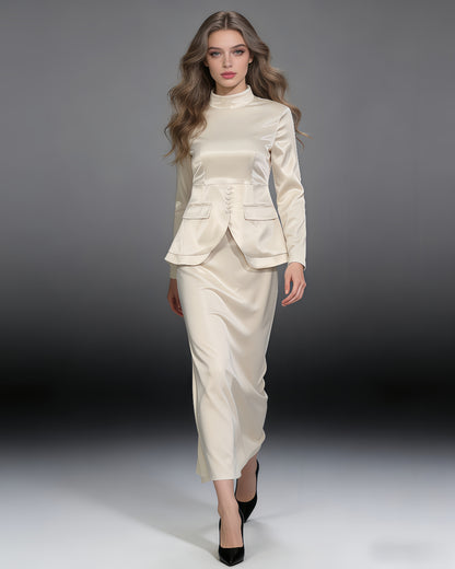 Apricot Satin High Neck Top & Skirt Set