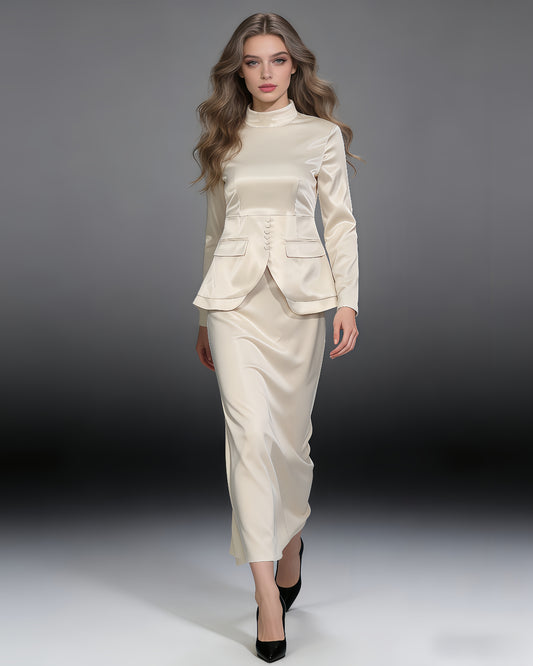 Apricot Satin High Neck Top & Skirt Set