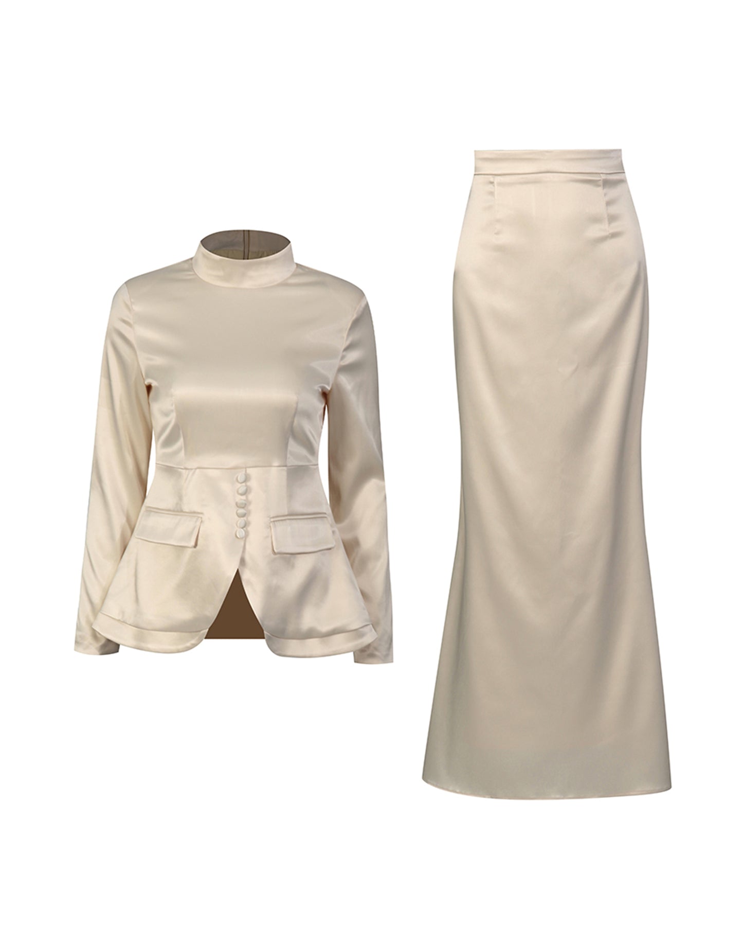 Apricot Satin High Neck Top & Skirt Set