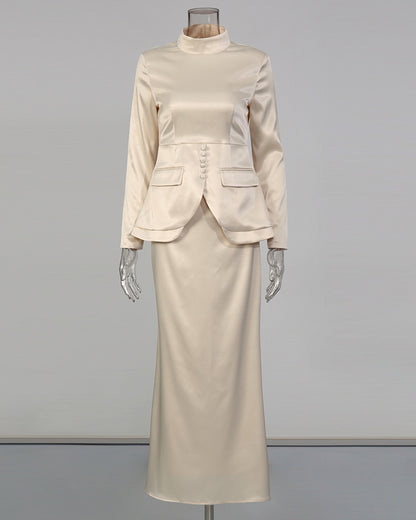 Apricot Satin High Neck Top & Skirt Set