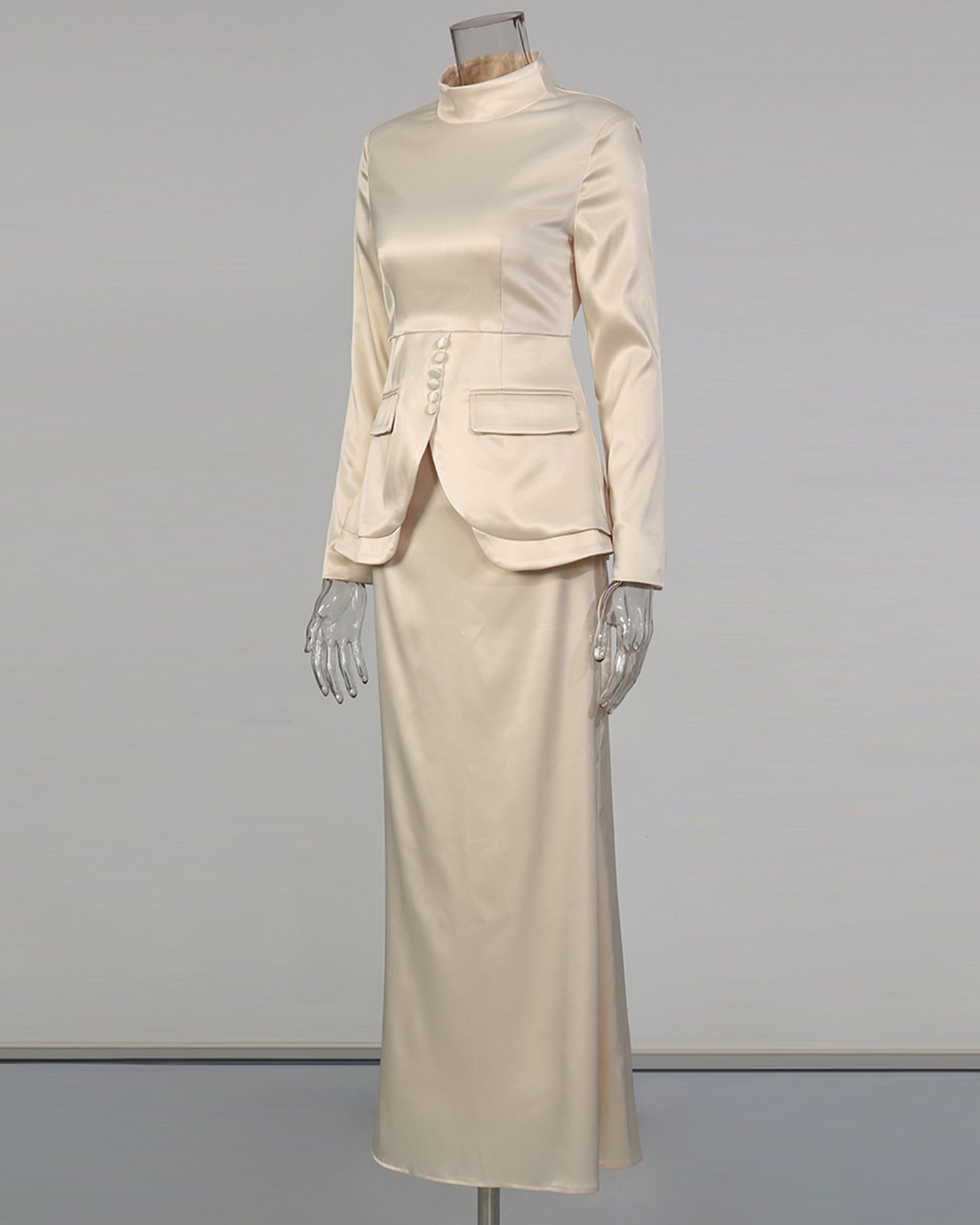 Apricot Satin High Neck Top & Skirt Set