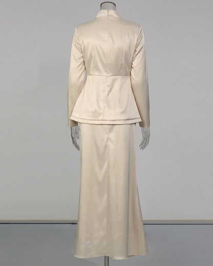 Apricot Satin High Neck Top & Skirt Set