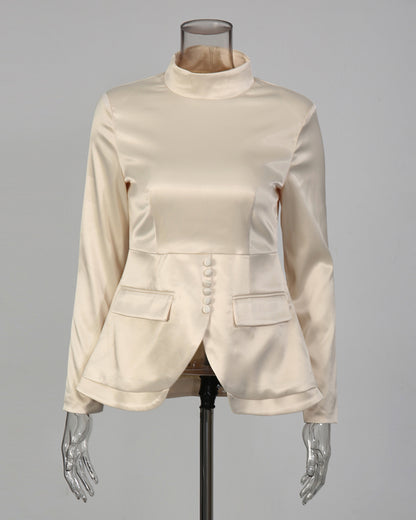 Apricot Satin High Neck Top & Skirt Set