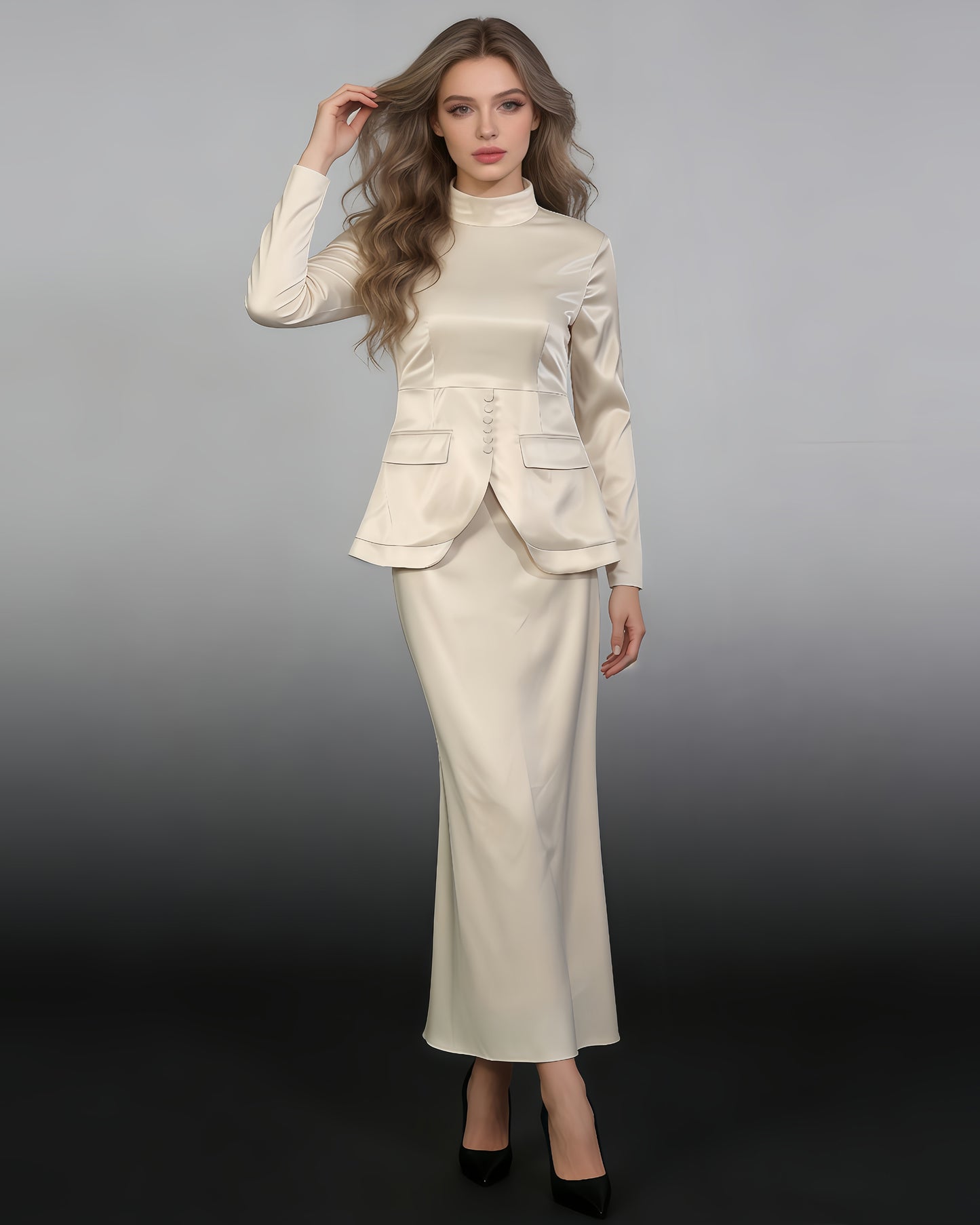 Apricot Satin High Neck Top & Skirt Set