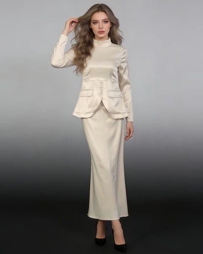 Apricot Satin High Neck Top & Skirt Set