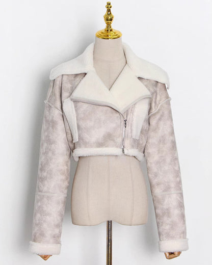 Apricot Shearling-Lined Cropped Moto Jacket