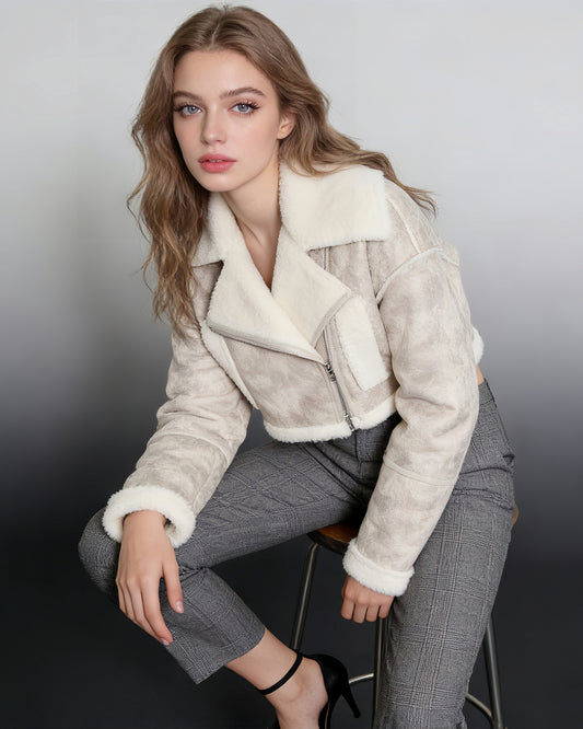 Apricot Shearling-Lined Cropped Moto Jacket