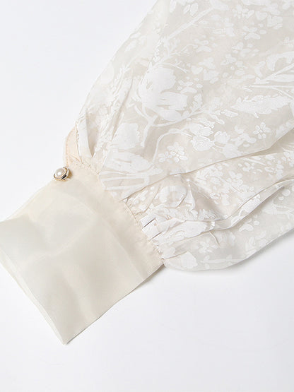 Apricot Sheer Floral Embroidered Belted Blouse