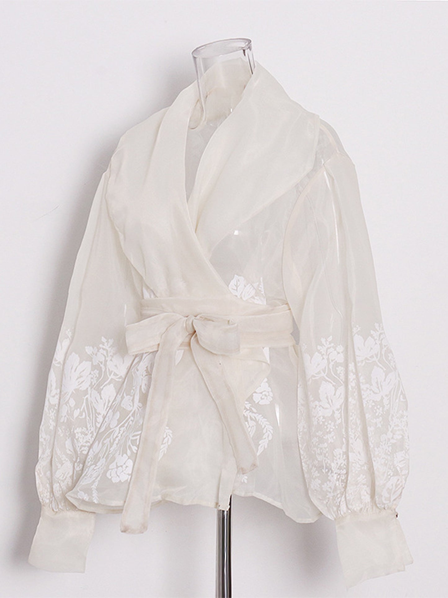 Apricot Sheer Floral Embroidered Belted Blouse