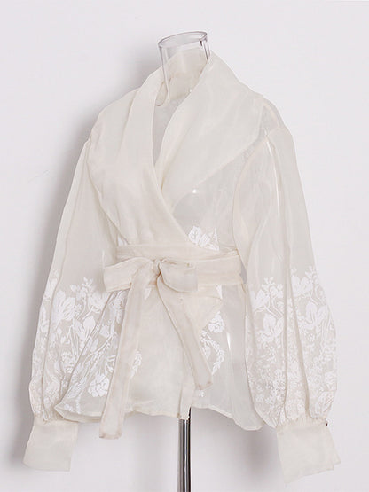 Apricot Sheer Floral Embroidered Belted Blouse
