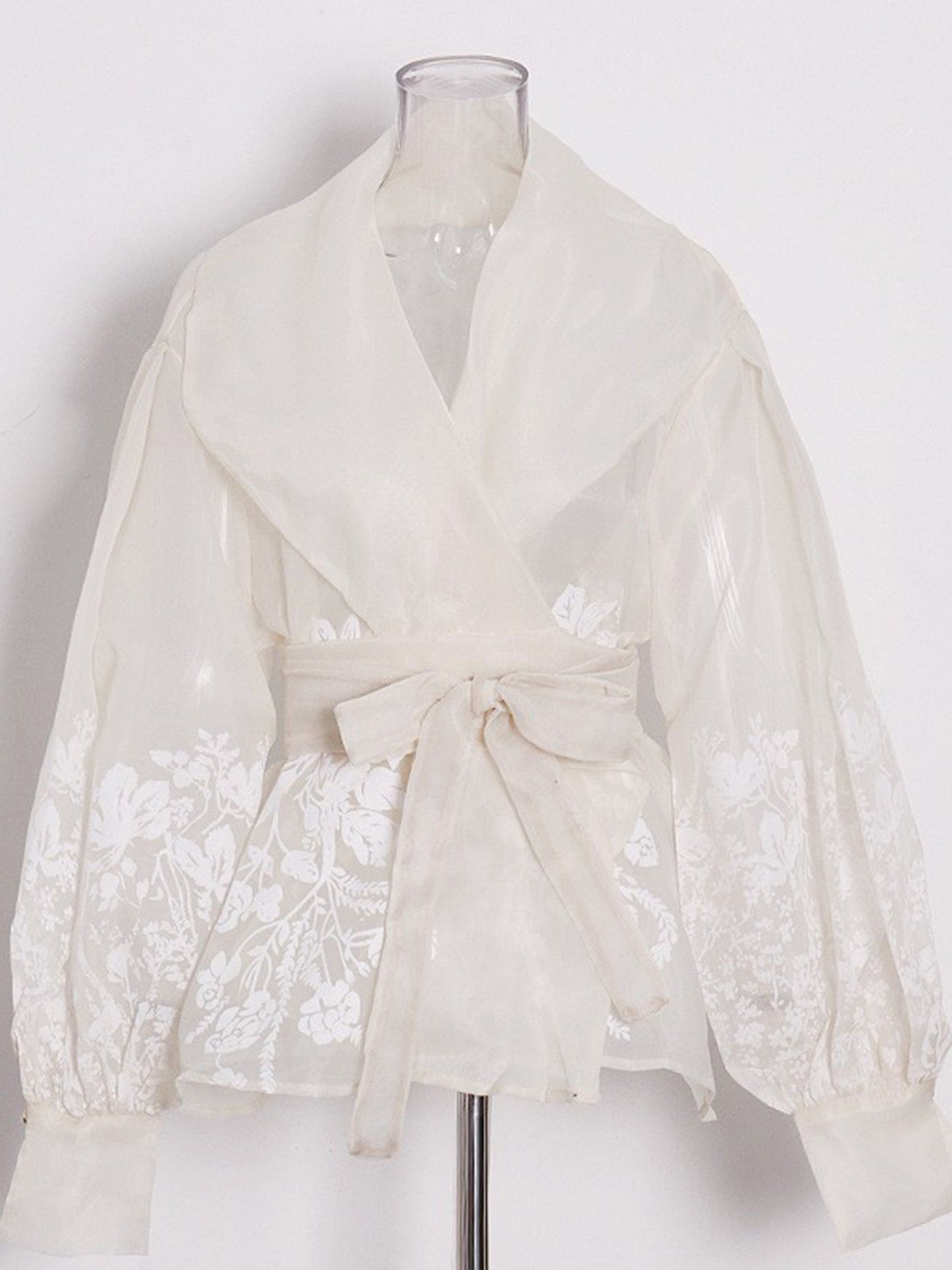 Apricot Sheer Floral Embroidered Belted Blouse