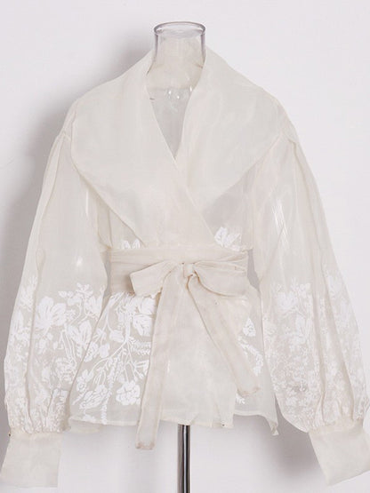 Apricot Sheer Floral Embroidered Belted Blouse