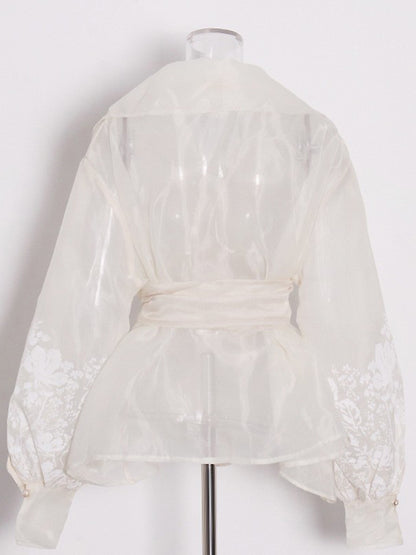 Apricot Sheer Floral Embroidered Belted Blouse