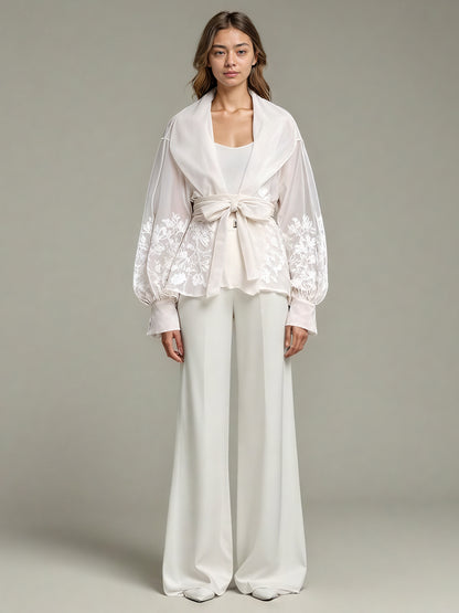 Apricot Sheer Floral Embroidered Belted Blouse