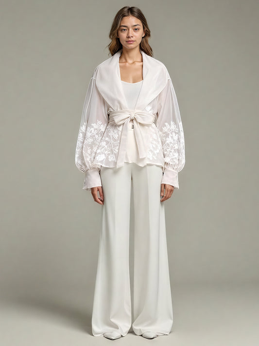 Apricot Sheer Floral Embroidered Belted Blouse