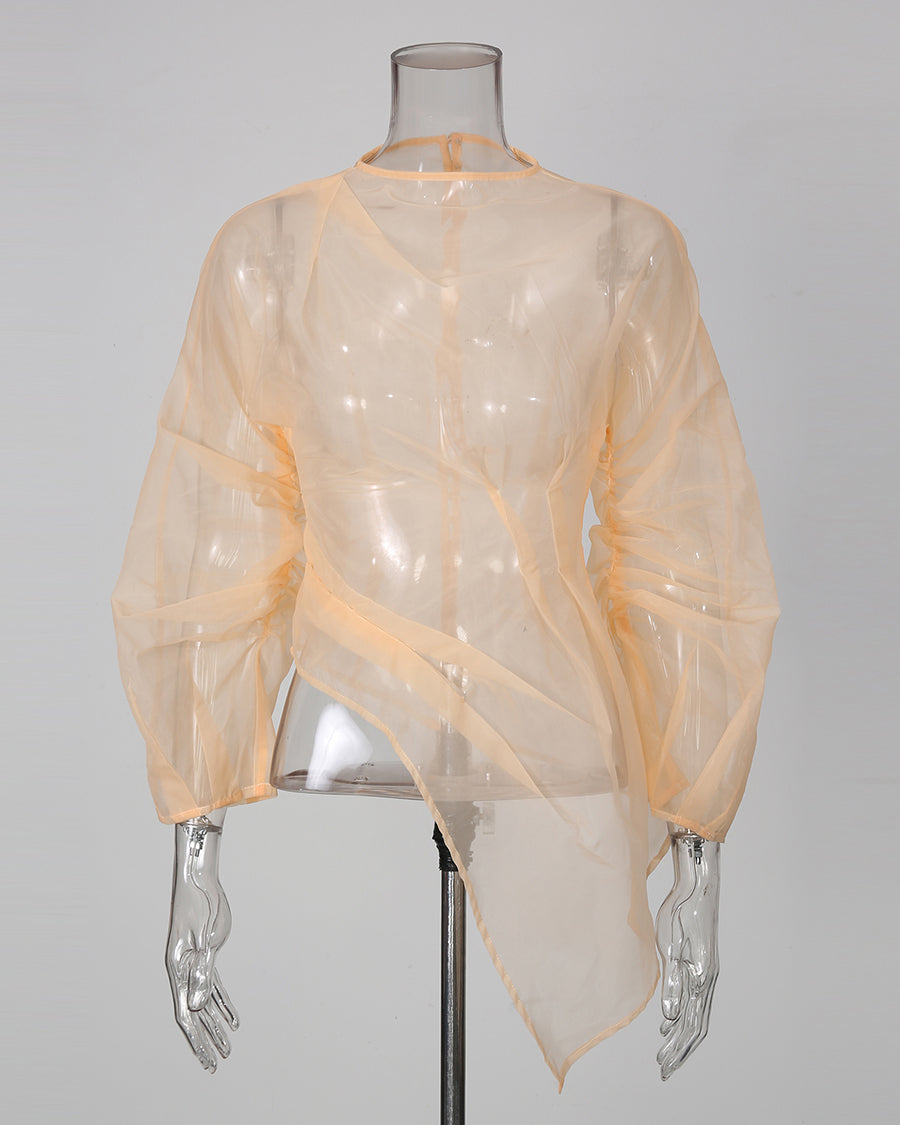 Apricot Sheer Mesh Long Sleeve Asymmetrical Blouse