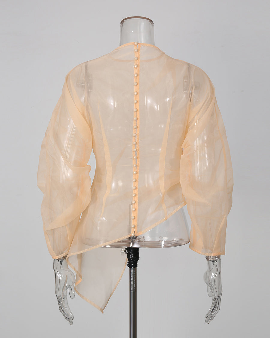 Apricot Sheer Mesh Long Sleeve Asymmetrical Blouse