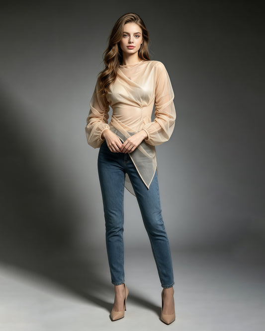Apricot Sheer Mesh Long Sleeve Asymmetrical Blouse