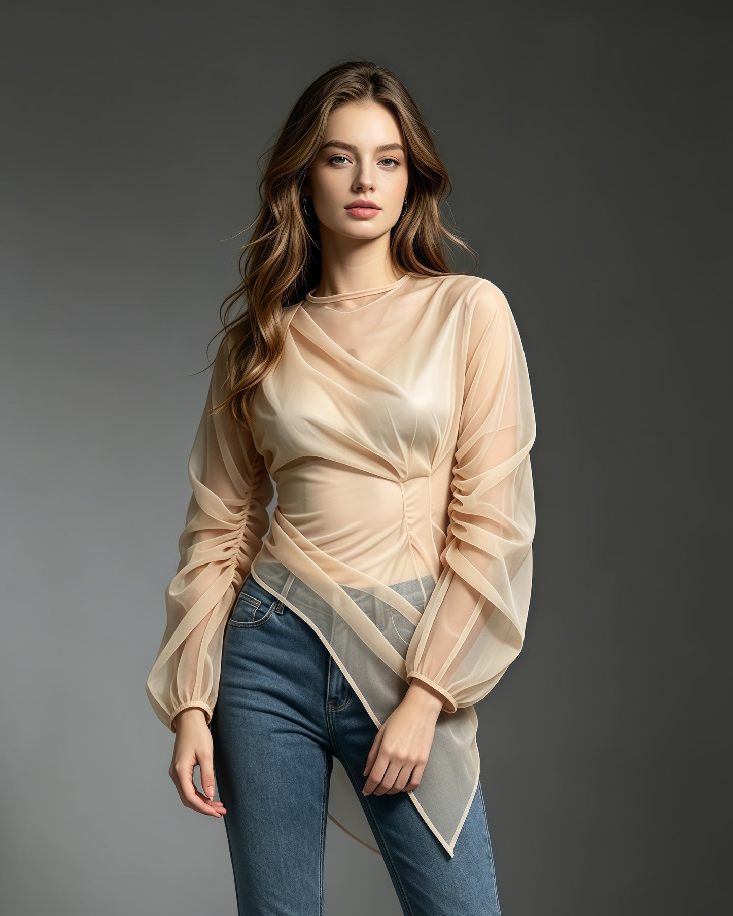 Apricot Sheer Mesh Long Sleeve Asymmetrical Blouse
