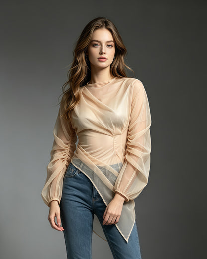Apricot Sheer Mesh Long Sleeve Asymmetrical Blouse