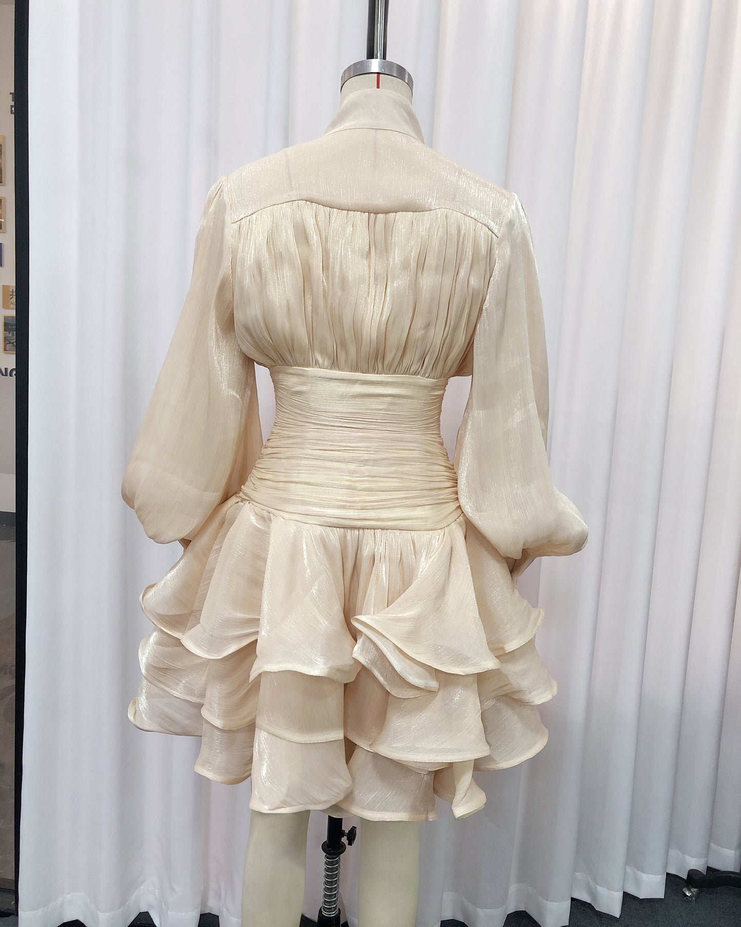 Apricot Shimmer Puff Sleeve Ruffled Mini Dress